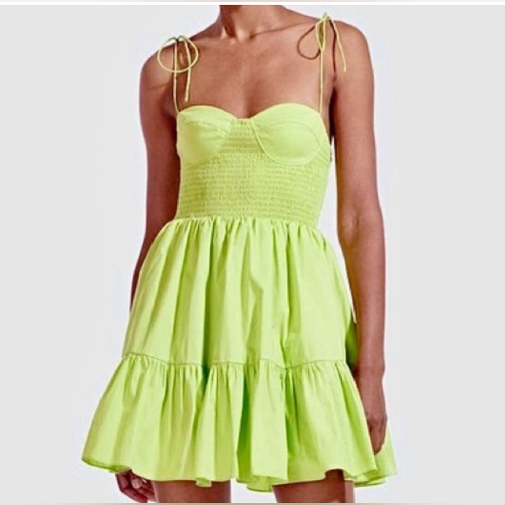 STAUD Landry Smocked Mini Dress in Lime Green Women’s Size Small New